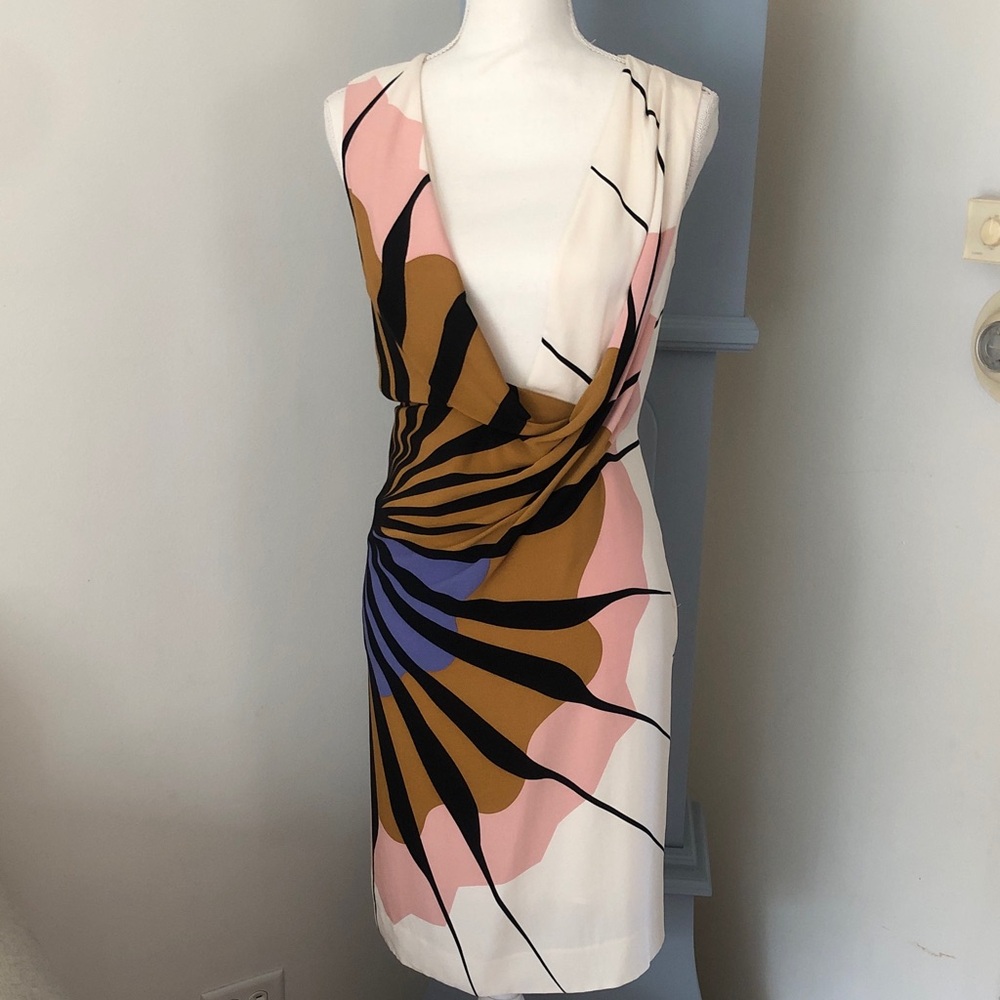 Sleeveless Print Sheath Dress in Pink, Tan & Blue
